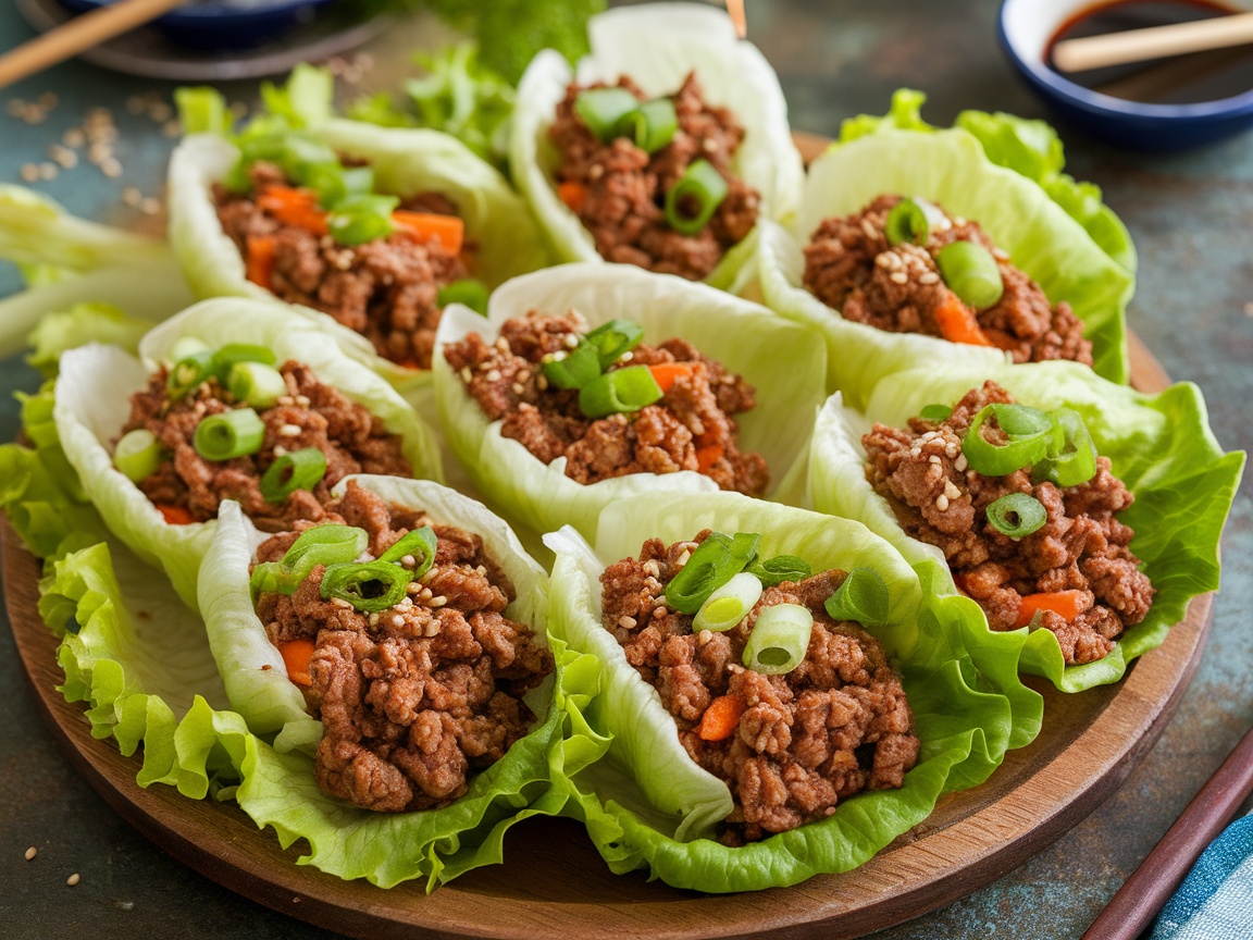 Asian-Style Ground Beef Lettuce Wraps Asian-style ground beef lettuce wraps filled with seasoned beef and vegetables, garnished with green onions and sesame seeds.